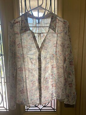 Joie Sheer White Silk Blend Blouse with Floral Print Women's Size M